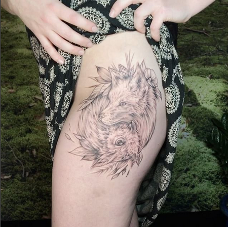 Tattoos - WIP Fox and Owl on Thigh- Instagram @MichaelBalesArt - 126976